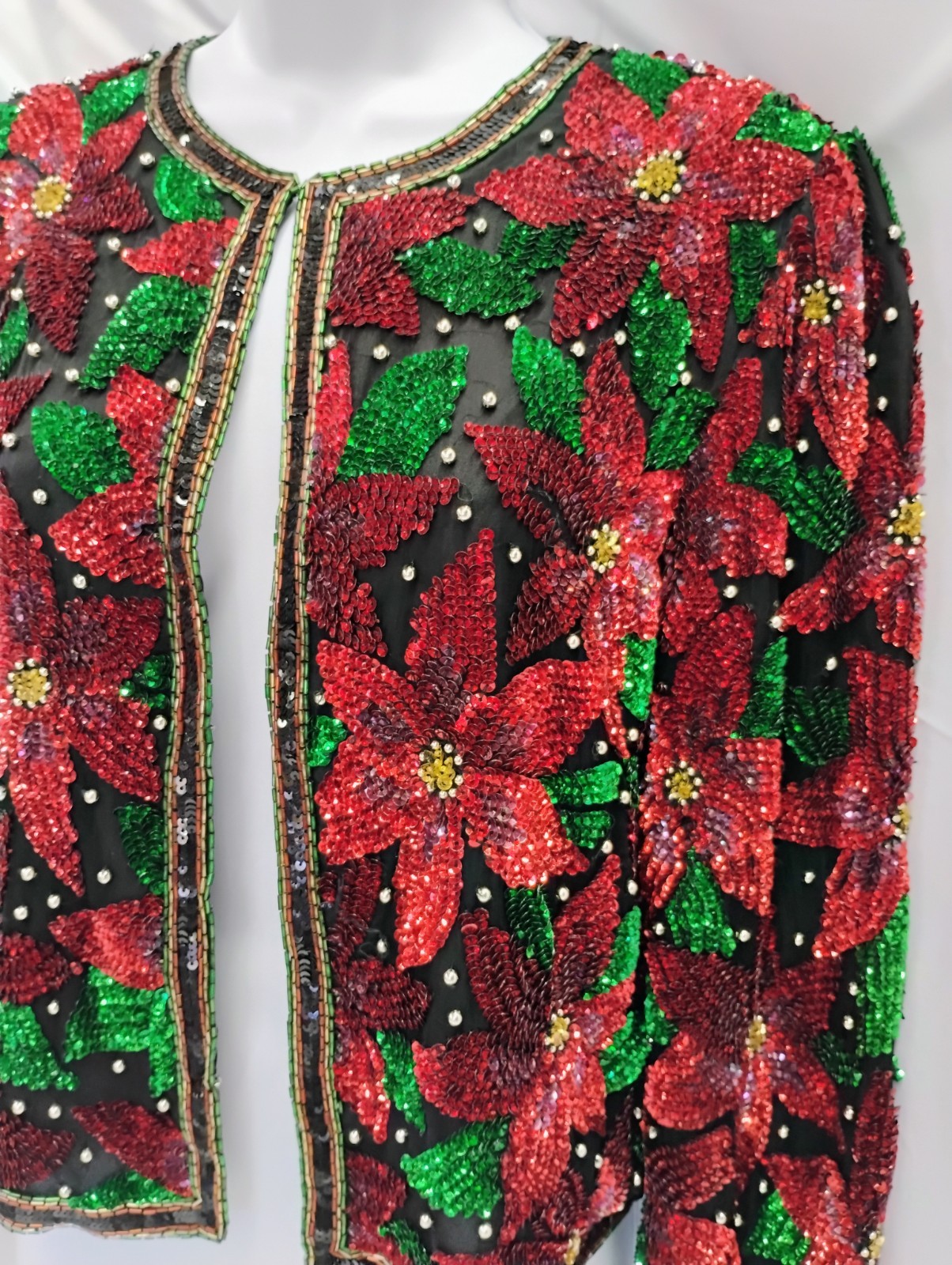 Laurence Kazar Paris New York Vintage Poinsettia Sequin Jacket Size Small
