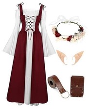 5 Pcs Renaissance Dress Medieval Costume Set - Flower Crown, Medium Wine Red