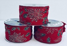 Holiday Ribbon Qty 3 30ft x 2.5in. Red Green Gold Holly Poinsettia