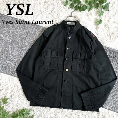 SAINT LAURENT (YSL) Rara giacca militare nera YSL Yves Saint Laurent con logo ricamato uomo vintage