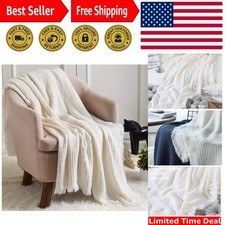Elegant Farmhouse Boho Knitted Throw Blanket 50''x60'' - Ivory Crochet Design