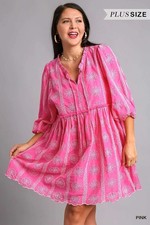 Umgee Plus Size Pink Embroidered Babydoll Scalloped Hem Mini Summer Dress