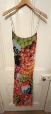 ZARA Quirky Ruched Lined Side Split Strappy Fruit Stand Print Midi Dress Size S