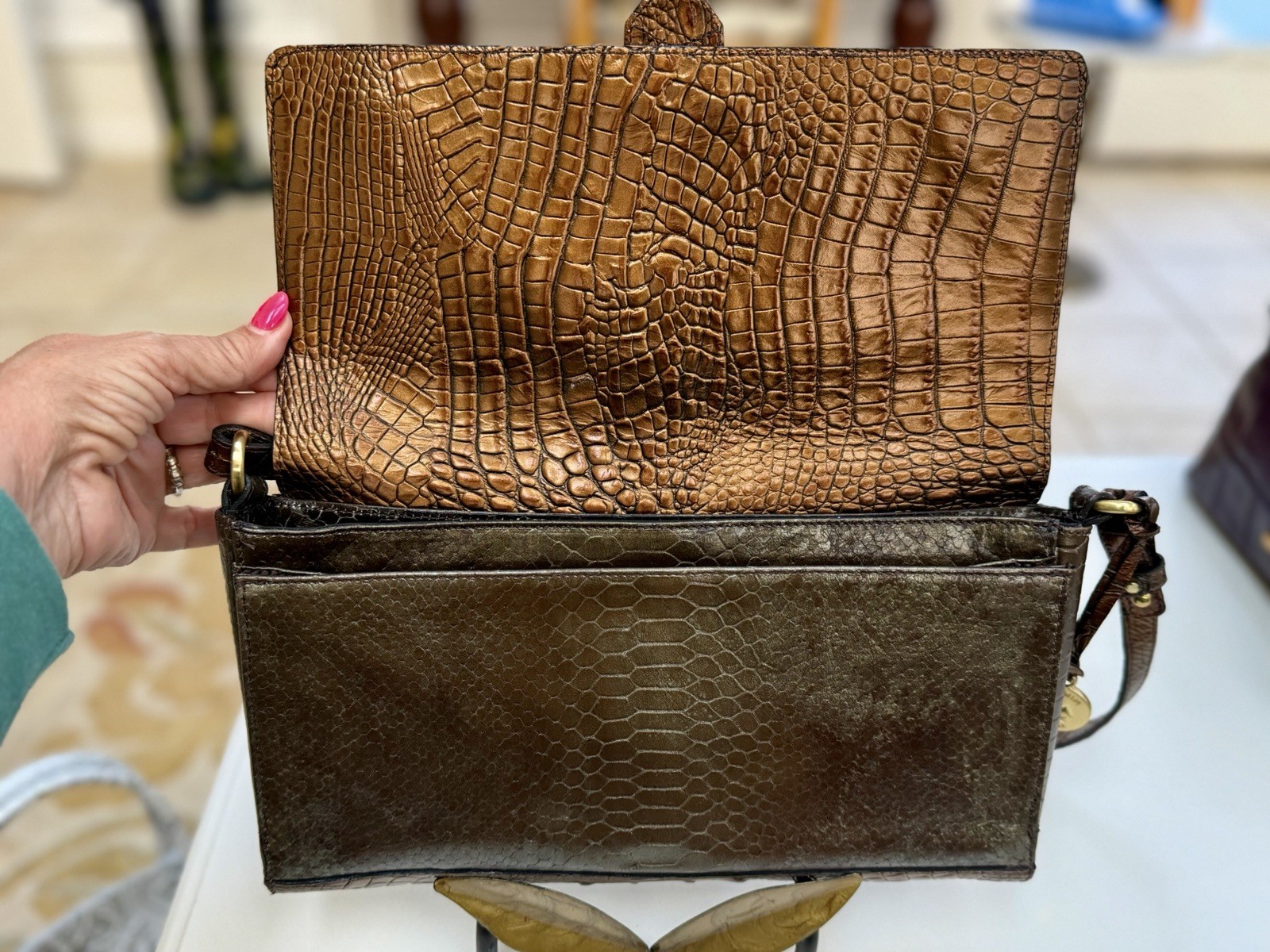 🤎 Brahmin Bryn Python Flap Shoulder Bag Clutch O… - image 3