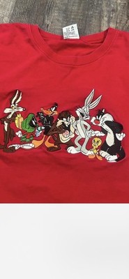 Vintage Warner Bros Studio Store Looney Tunes Embroidered Red Tee Shirt XL