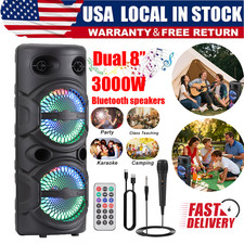 US Stock Dual 8" Woofer Bluetooth Party Speaker Heavy Bass Mic Remote TWS FM USB