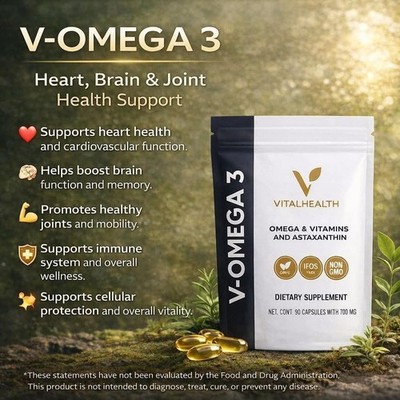 V-OMEGA 3 Vitamins 90 Capsules Vital Health Heart Brain Eye  Free Shipping