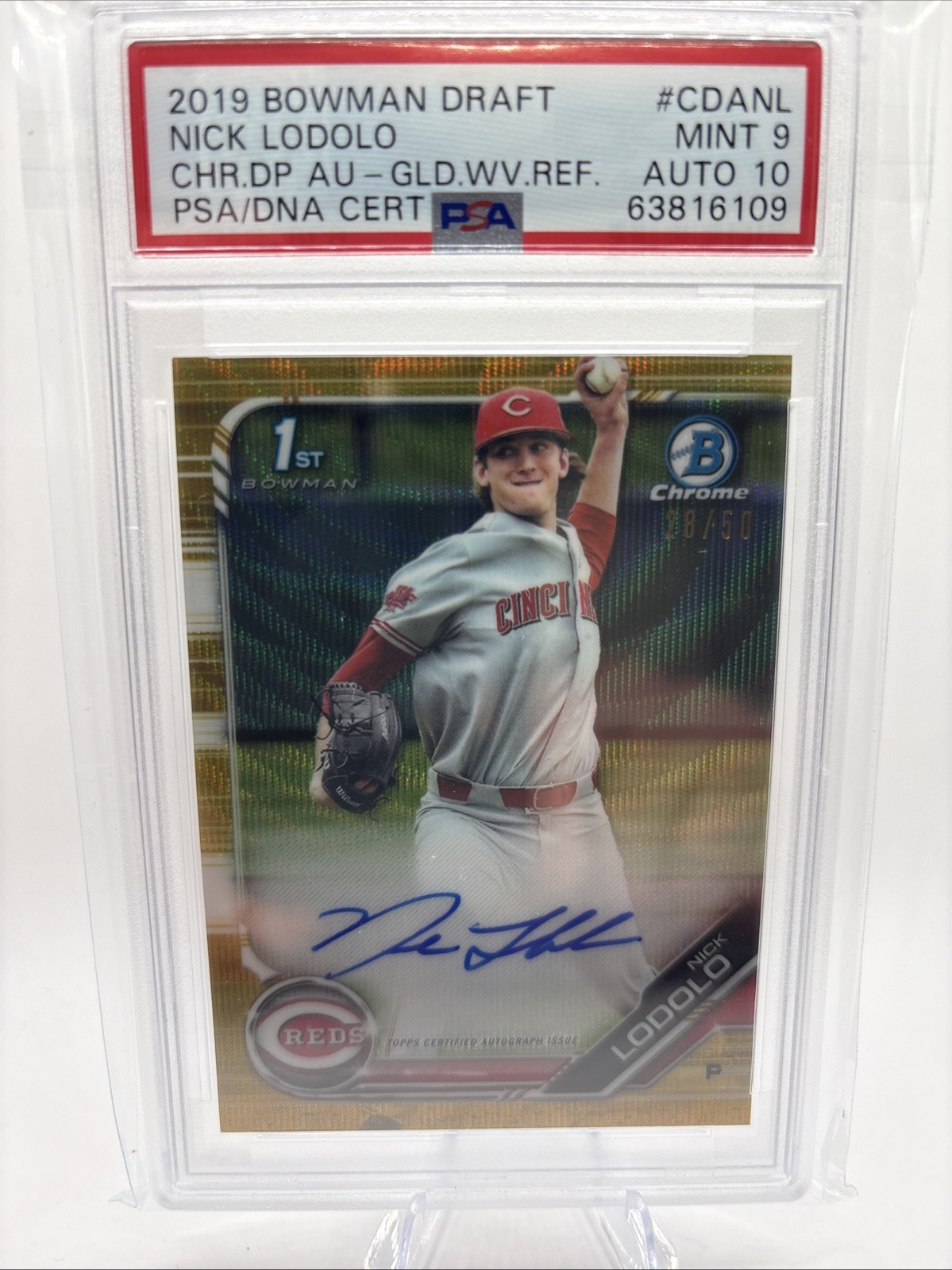 2019 Bowman - Chrome Draft Pick Autograph Nick Lodolo Gold Wave Refractor /50