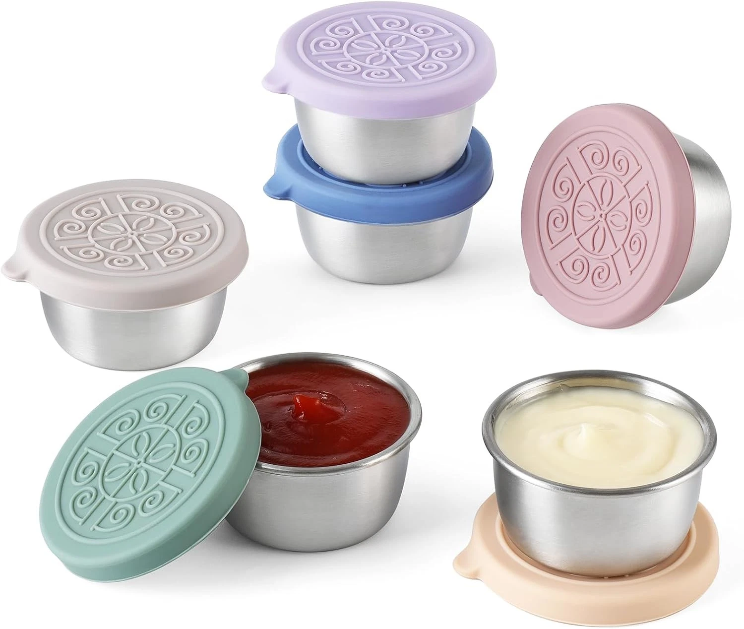 6-Pack Small Sauce Cups: 1.6 oz Reusable Stainless Steel with Silicone Lids