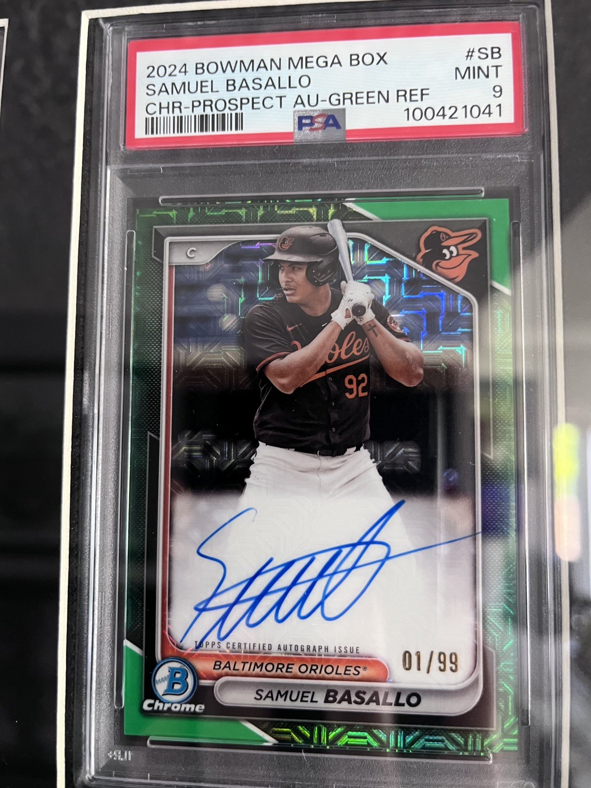 2024 Bowman Samuel Basallo #BMA-SB Green Mojo Prospect Auto /99 PSA 9- Orioles