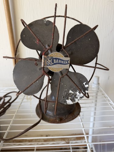 1950s R&M Banner Fan ~ Vintage Electric Metal Cage 8" Robbins and Myers