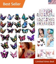 Colorful 3D Butterflies Flowers Temporary Tattoo Set - 126 Designs, Waterproof