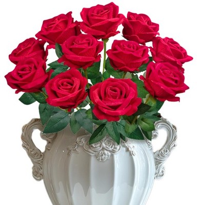 10 PCS Velvet Fake Red Roses Artificial Red Flowers Bulk, Silk Faux Roses wit...