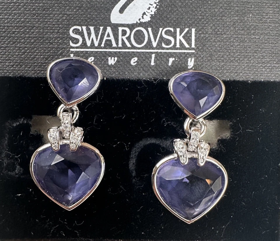 Swarovski Clip On Earrings Heart Oceanic Tanzanite Dangle Rhodium Plated - Image 2 of 4