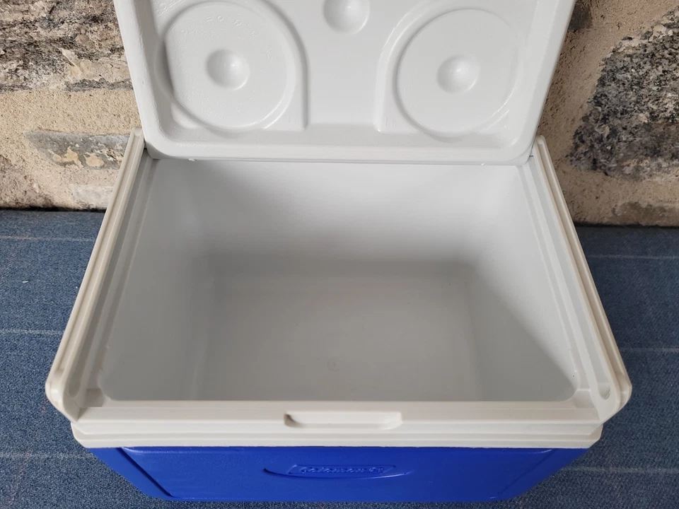 Kleine Vintage Coleman Kühlbox blau weiß Getränkehalter Klappdeckel Strand Picknick UK - Bild 4 von 4