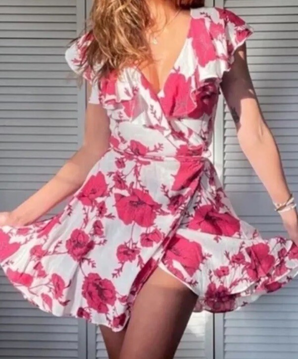 FREE PEOPLE FRENCH QUARTER FLORAL PRINT PINK WHITE WRAP MINI DRESS S /P