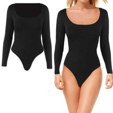 Women's Square Collar Long Sleeve Slim Bodysuit Leotards Thong Jumpsuit Bottom
