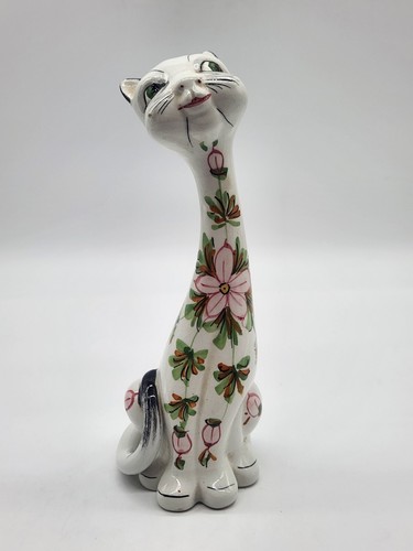 VTTG Mancioli Italian Pottery Long Neck Cat Flowers MCM 1960 ~8" H - Picture 2 of 13