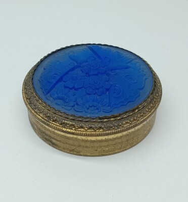 ラリック　パウダーボックス VTG Compact Powder Box,With Blue Glass Butterfly,Art Nouveau