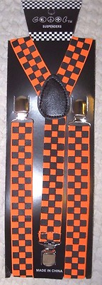 Unisex Black and Neon Orange Checkered AdjustableY-Style suspenders-New ...