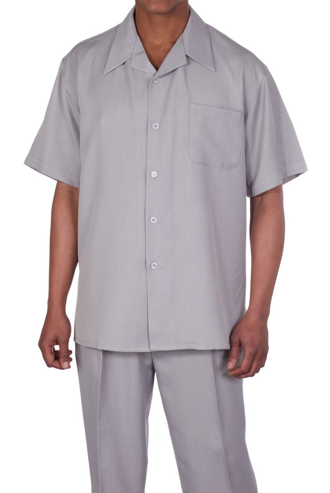 Mens 2pc Walking Suit Short Sleeve Casual Shirt and Pants Set White