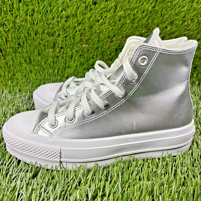 Converse Platform Chuck Taylor All Star High Top Lift Leather Womens Sz 7 Silver