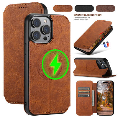 For iPhone 15 14 Plus 13 Pro 12 Magnetic Mag Leather Wallet Flip Stand Case