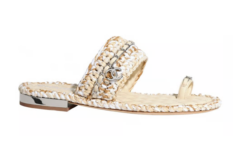 Chanel 20S Beige White Raffia Tweed CC Logo Mule Slide Strap Flat Sandal  36.5 | eBay