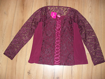 TOGETHER WEINROT SPITZENDETAIL GITTER VORNE ZUM BINDEN PARTY BLUSE TOP GRÖßE UK 14 