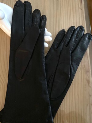 HERMES Gloves -- Black Leather Silk Lining Sleek Chic Size 7 New
