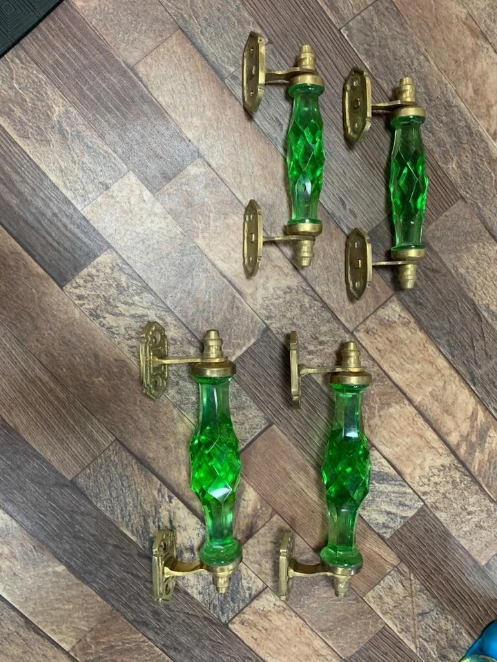 Antique Style Big & Small Crystal/Cut Green Glass Brass Door Handle Collectible - Image 2 of 4