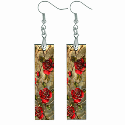 Roses June Birthday Flower Gift Bar Earrings Faux Stained Glass Art Print Silver