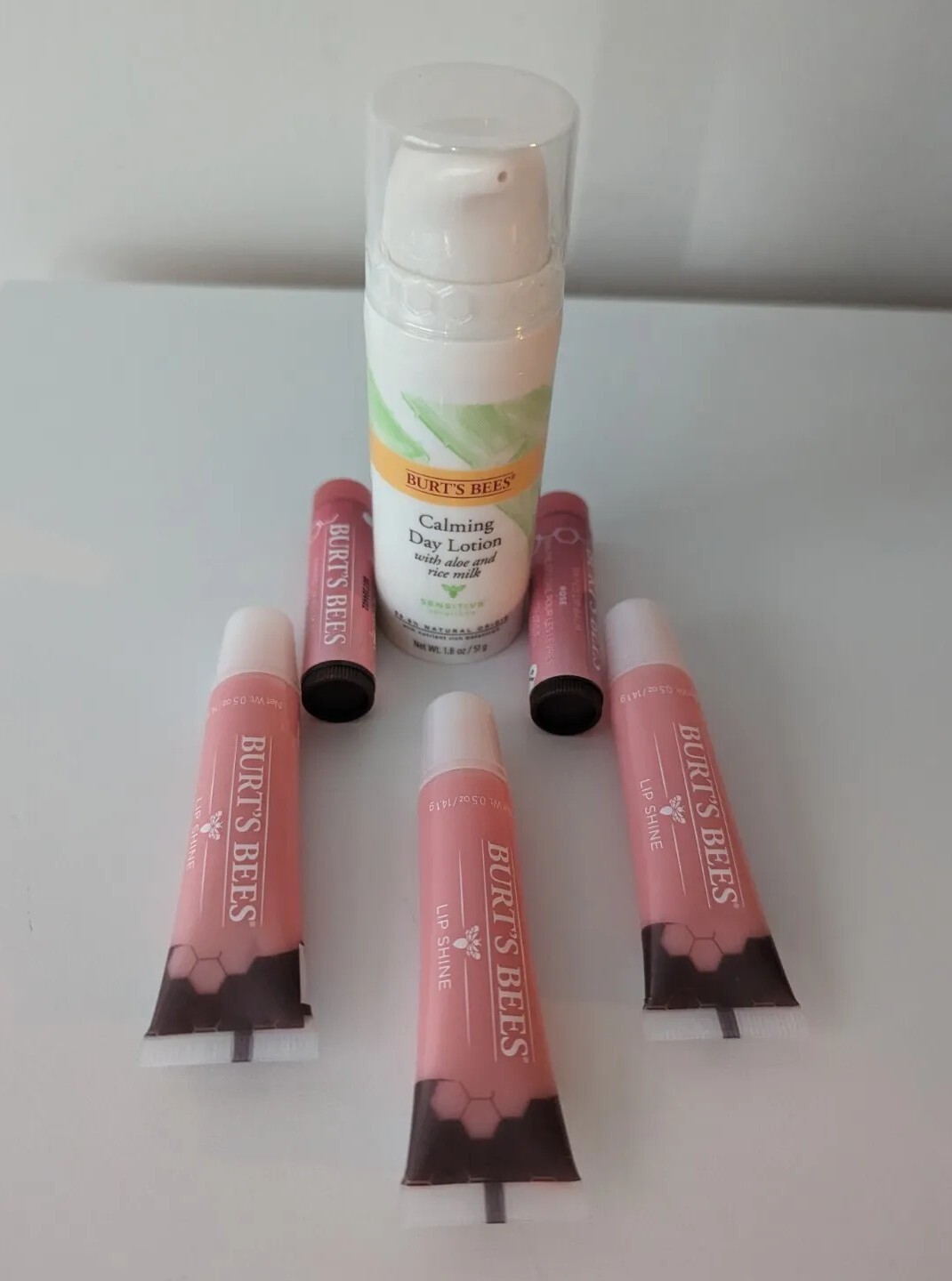 (Pack Of 6)Burt's Bees Day Lotion 1.8 Oz, Rose lip Balm & Lip Shine - NEW Sealed