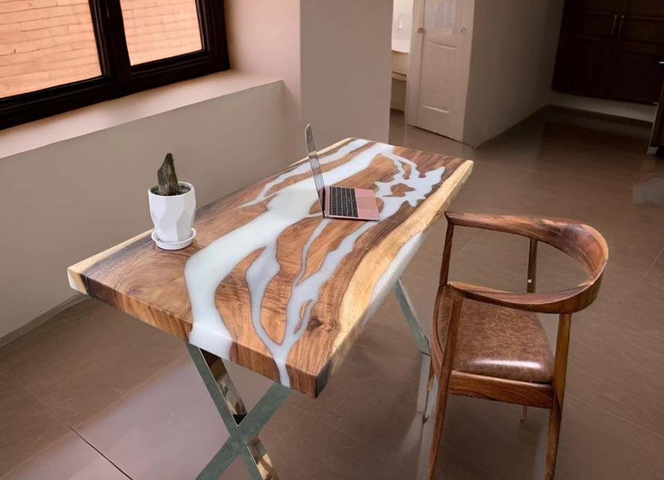 White Epoxy Resin Study Table Made to Order Wooden Dining Tabletop with Iron Leg - Image 2 of 4