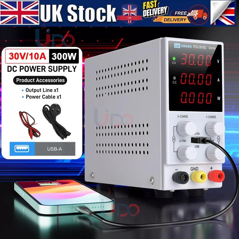 ADJUSTABLE DC BENCH POWER SUPPLY 30V 10A VARIABLE SWITCHING LAB BENCH PRECISION