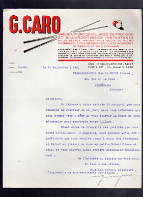 Lettre Ancienne 1946 - Manufacture De Billards G. Caro, Paris - Document D'époque Billard