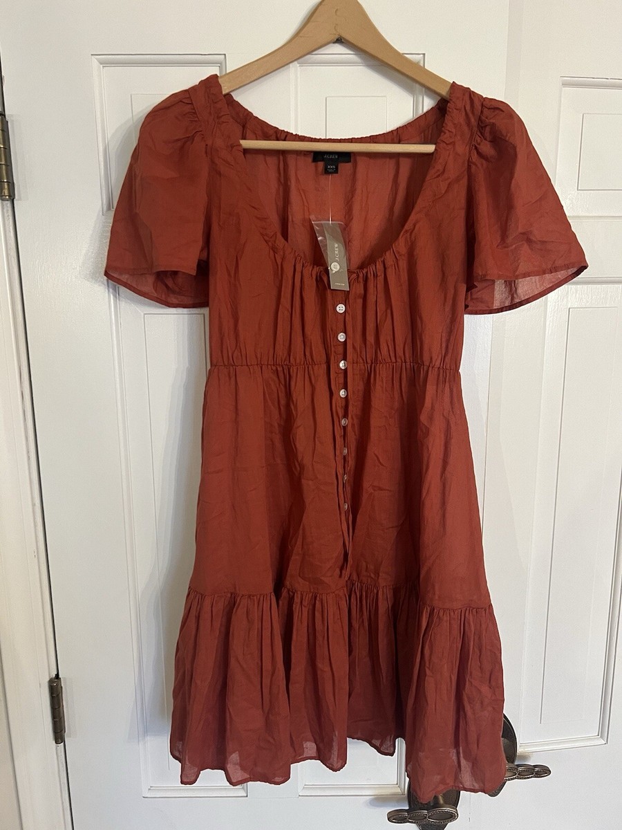 j crew button front beach dress J. Womens XXS Orange Voile Tiered Down Cotton Summer NWT Scallop trim