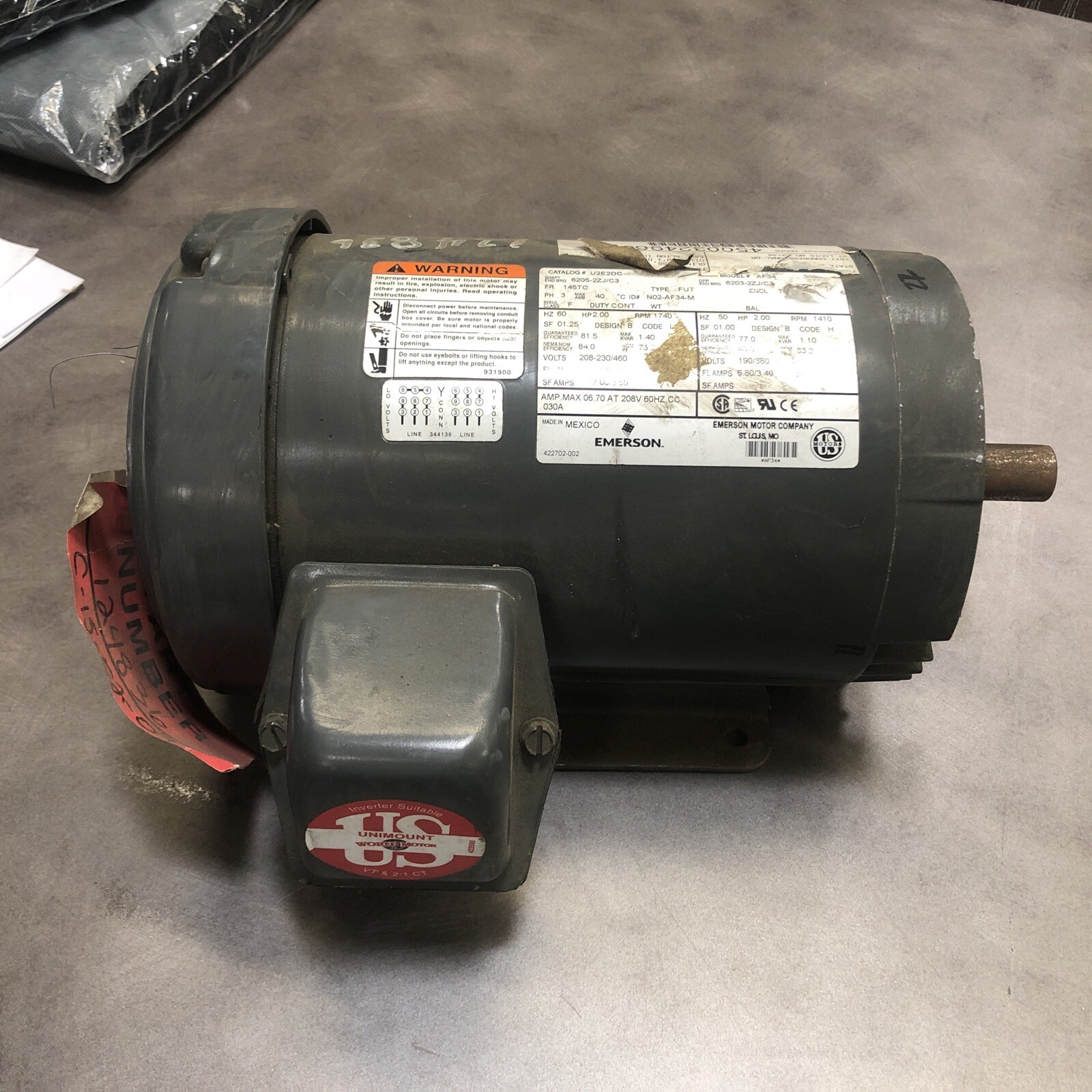 EMERSON ELECTRIC MOTOR AF34 2HP 1.25SF PH3 CLASS F RPM 1740 NOS eBay