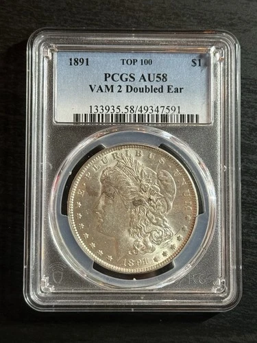 1891 Morgan Silver Dollar $1 PCGS AU58 VAM-2 Doubled Ear Top 100 (PSlab12)
