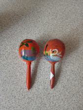 Pair Vintage orange Mexico Hand Painted Coconut Maracas Approx 7.5 Inches SWAN
