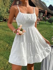 Shein S White Tiered Dress Ruffle Swiss Dot Cottagecore Beachy Adjust Strap