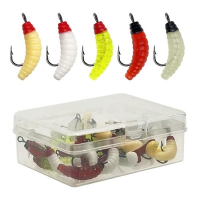 30Pcs Plastic Fishing Lures Maggot Baits with Hook Fishing Artificial Baits