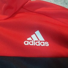 Rote Adidas Firebird Jacke mit 3 weißen Streifen und pinkem Logo (L)