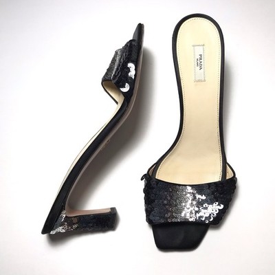Prada Y2K Vintage Sequin Gradient Black Silver Mule Medium Kitten Heels 38.5