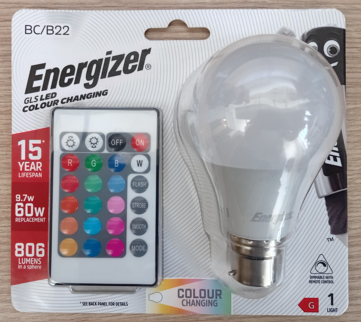 Energizer 9W Colour Changing B22 GLS LED RGB+W with Remote Control Dimmable A19