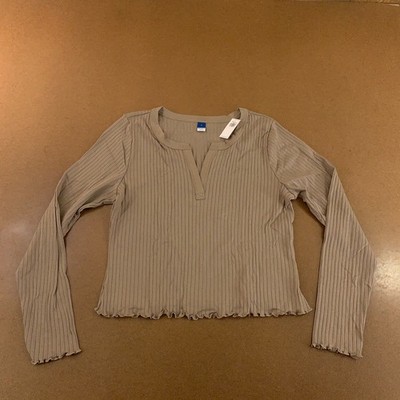 Old Navy Womens Large Brown Split V-Neck Long Sleeve Ribbed Pajama Top NWT