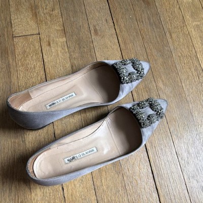 Manolo Blahnik Gray Satin Flats for Women Beaded Bow Pointed Toe Slip-On