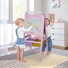 3-in-1 Kids' Wooden Art Easel with Paper Roll Dual-Sided Chalkboard  Storage