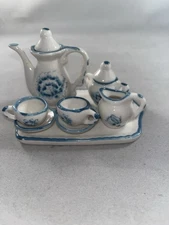 Vintage 10 Mini Tea Set  Blue & White Porcelain Floral Doll Sized