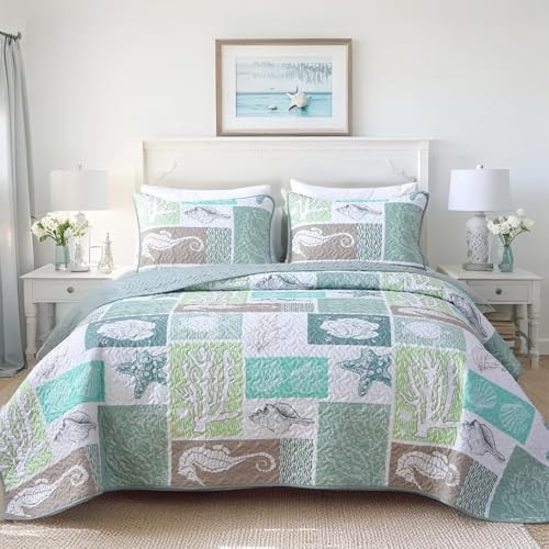 Coastal Quilt Set Size, Beach Coverlet Starfish Coral Seashell King Sage Green